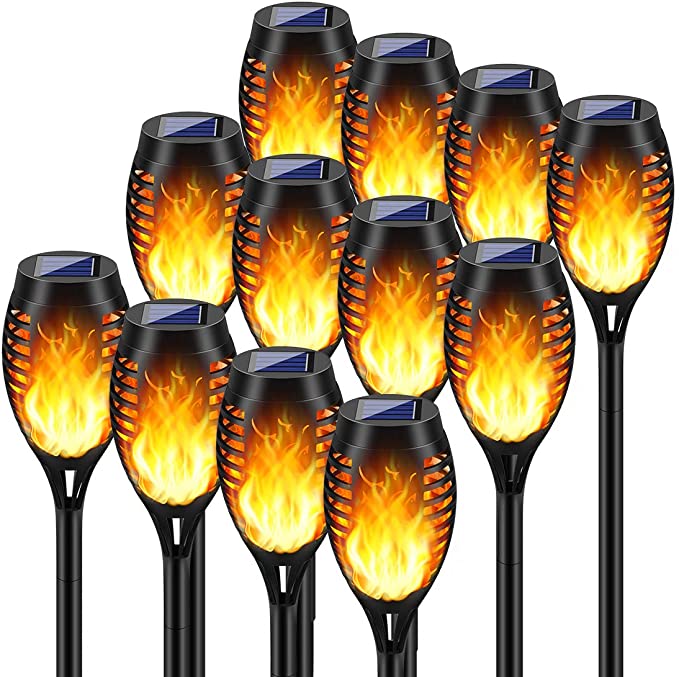 Solar Tuinfakkels zwart 12 stuks 50 cm vlam-effekt tuin en padverlichting buitenverlichting op zonneenergie IP65