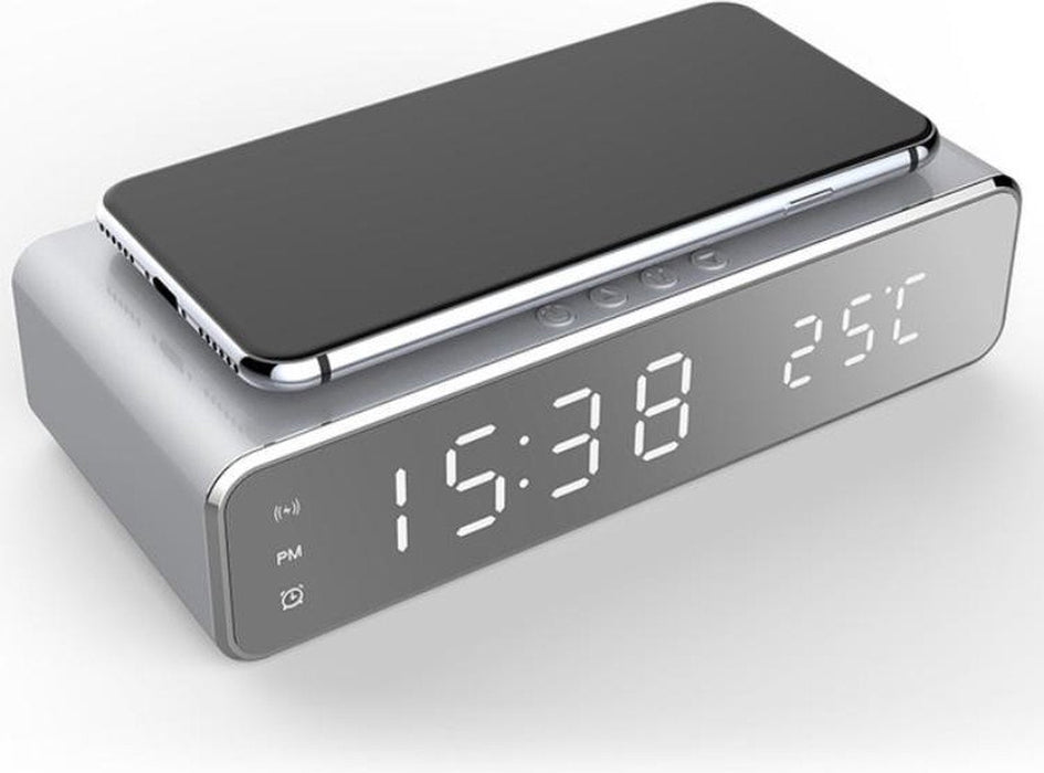 Digitale wekker Met Draadloze Oplader Qi charger Datum en tijd Zilver
