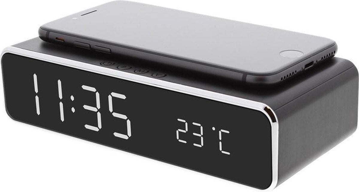 Digitale wekker Met Draadloze Oplader Qi charger Datum en tijd Zwart