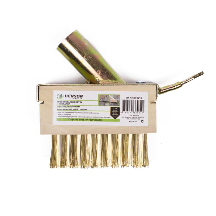 Voegenstaalborstel met Messing Steelhouder – 3 Rijen Staalharen & Schraper | 141×73×122 mm