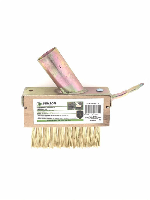 Voegenstaalborstel met Messing Steelhouder – 3 Rijen Staalharen & Schraper | 141×73×122 mm