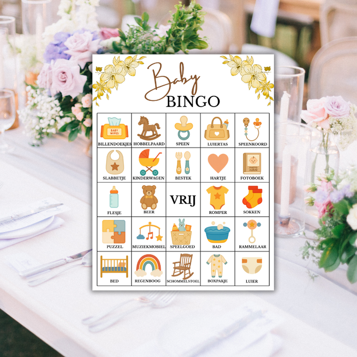 Babyshower Bingo Meisje - Gender neutraal 20 stuks  – Bloemen Thema - Babyshower Spel - Geel | Digitale Download (PDF)