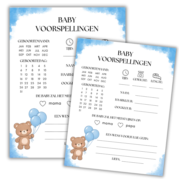 Babyshower invulkaarten jongen – PDF download – onbeperkt printen