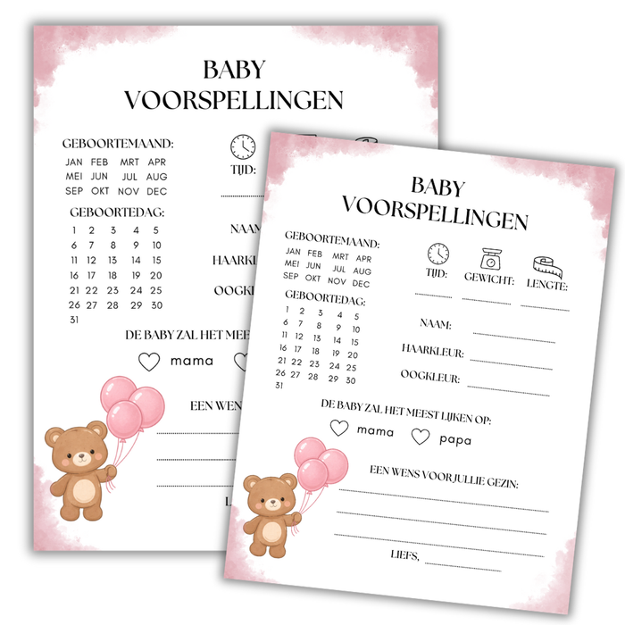 Babyshower invulkaarten meisje – PDF download – onbeperkt printen