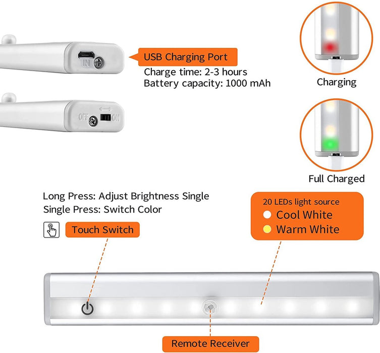 2 Stuks - Kastverlichting met bewegingssensor LED Kast Verlichting Keukenverlichting LED Incl Afstandsbediening Oplaadbaar Warm en Koud Licht