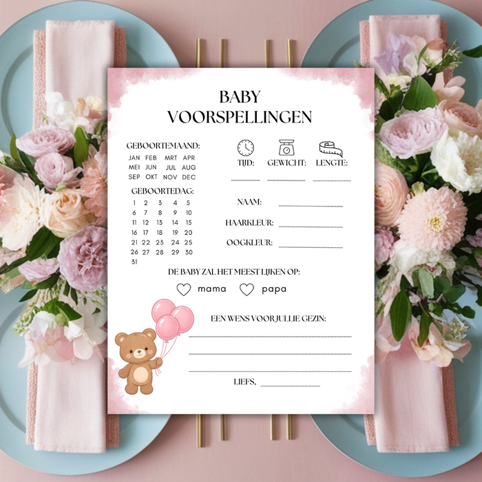 Babyshower invulkaarten meisje – PDF download – onbeperkt printen