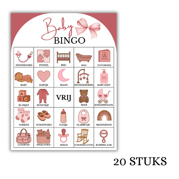 Babyshower Bingo Meisje 20 stuks  – Roze Strikjes Thema - Babyshower Spel | Digitale Download (PDF)