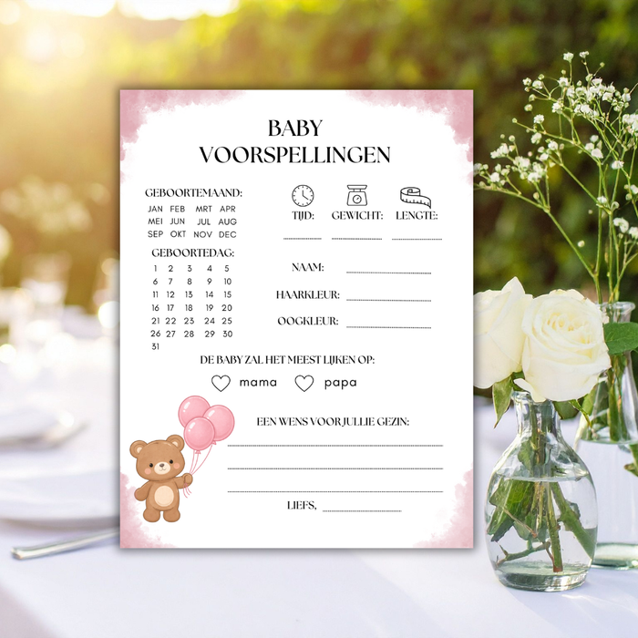 Babyshower invulkaarten meisje – PDF download – onbeperkt printen