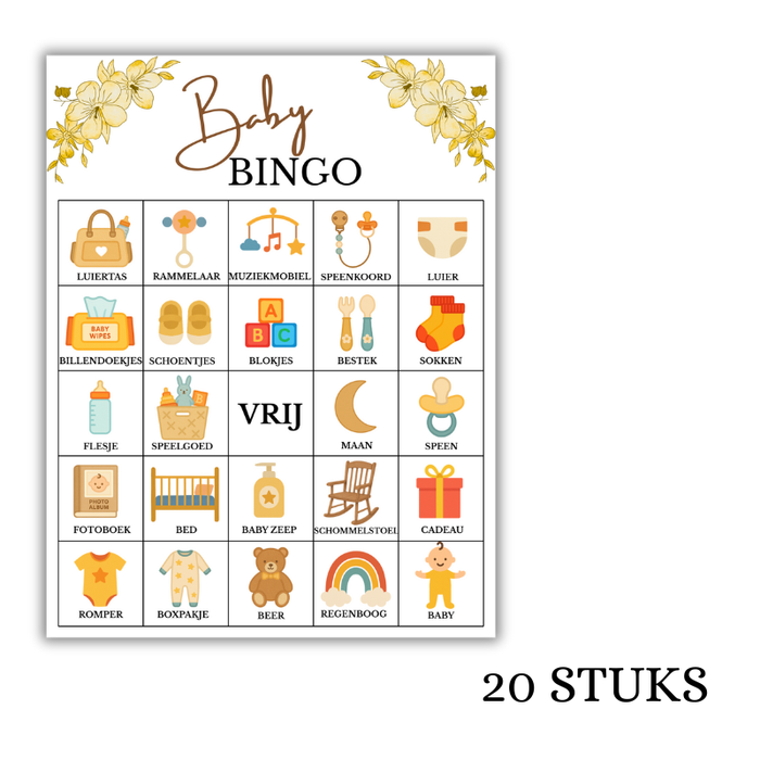 Babyshower Bingo Meisje - Gender neutraal 20 stuks  – Bloemen Thema - Babyshower Spel - Geel | Digitale Download (PDF)