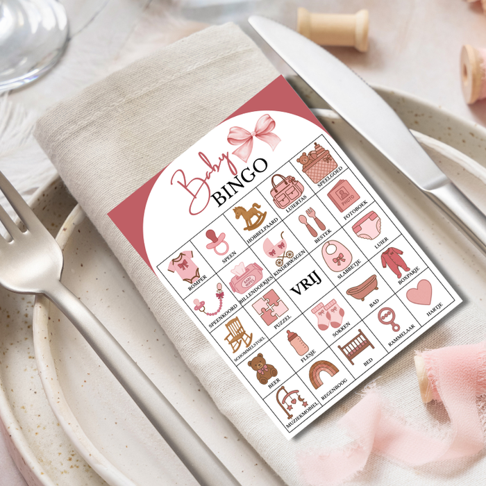 Babyshower Bingo Meisje 20 stuks  – Roze Strikjes Thema - Babyshower Spel | Digitale Download (PDF)