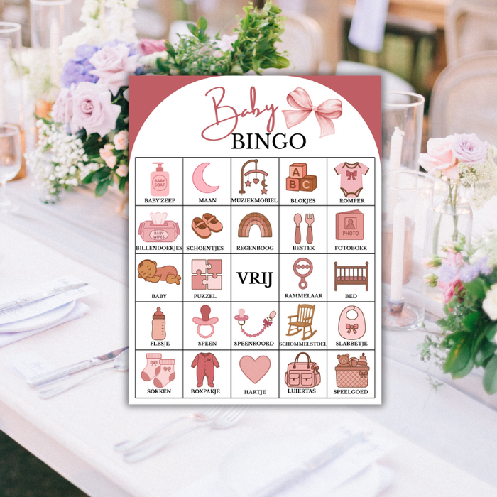 Babyshower Bingo Meisje 20 stuks  – Roze Strikjes Thema - Babyshower Spel | Digitale Download (PDF)