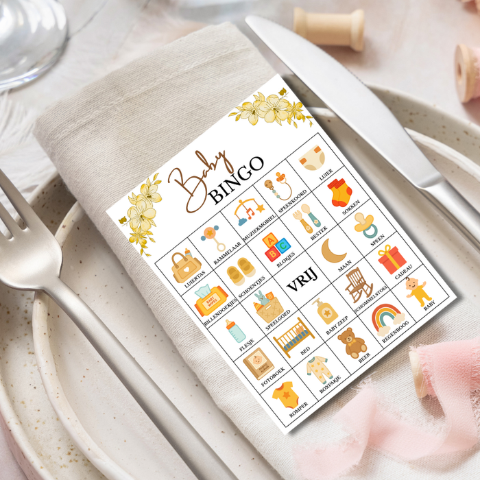 Babyshower Bingo Meisje - Gender neutraal 20 stuks  – Bloemen Thema - Babyshower Spel - Geel | Digitale Download (PDF)