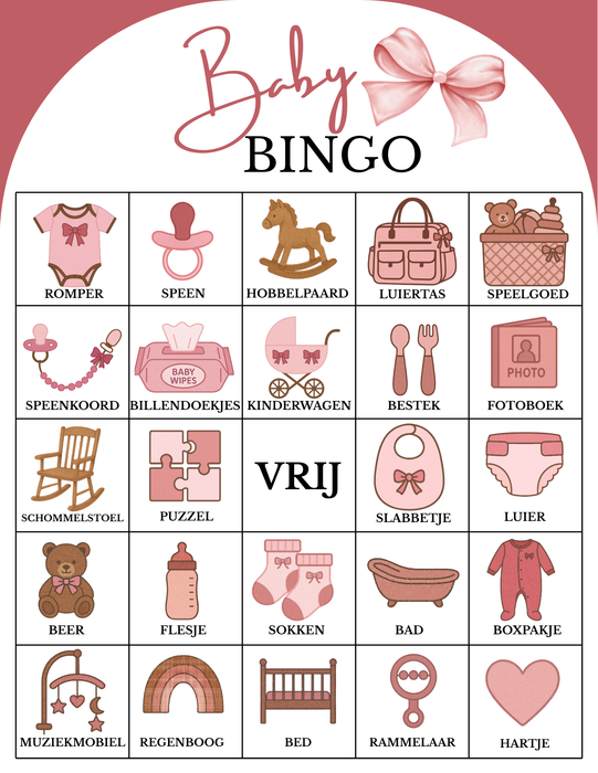 Babyshower Bingo Meisje 20 stuks  – Roze Strikjes Thema - Babyshower Spel | Digitale Download (PDF)