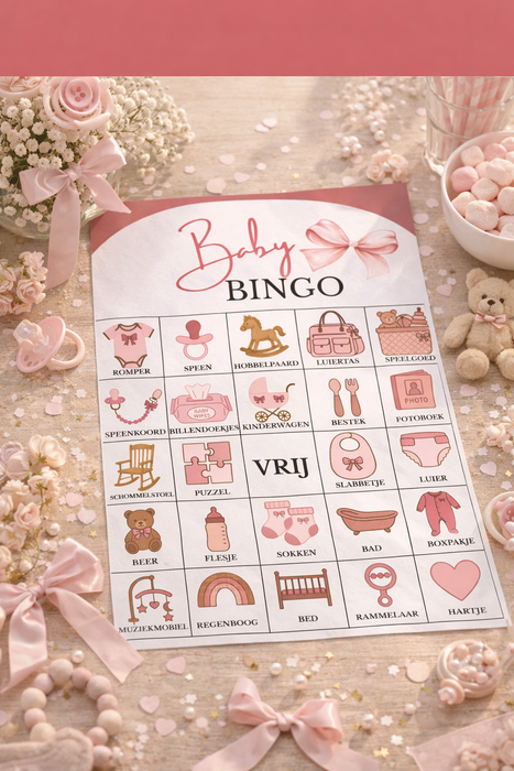 Babyshower Bingo Meisje 20 stuks  – Roze Strikjes Thema - Babyshower Spel | Digitale Download (PDF)