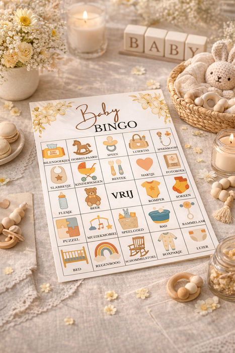 Babyshower Bingo Meisje - Gender neutraal 20 stuks  – Bloemen Thema - Babyshower Spel - Geel | Digitale Download (PDF)