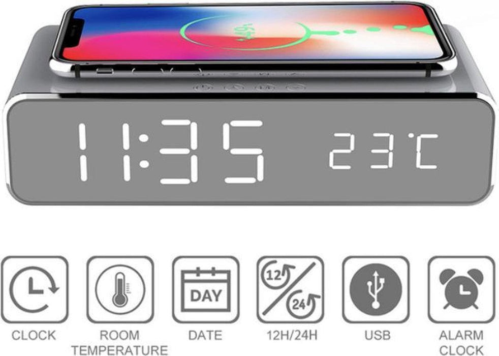 Digitale wekker Met Draadloze Oplader Qi charger Datum en tijd Zilver
