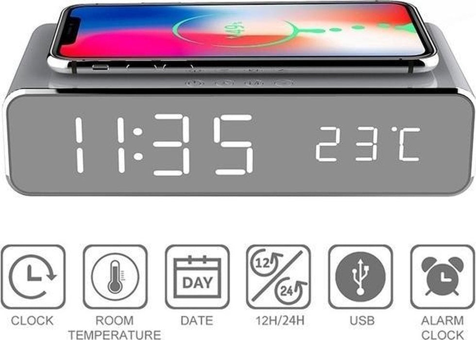 Digitale wekker Met Draadloze Oplader Qi charger Datum en tijd Zwart