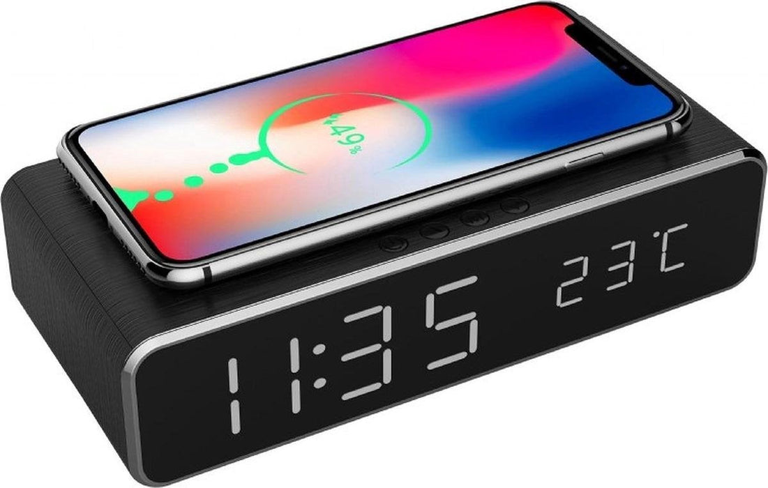 Digitale wekker Met Draadloze Oplader Qi charger Datum en tijd Zwart
