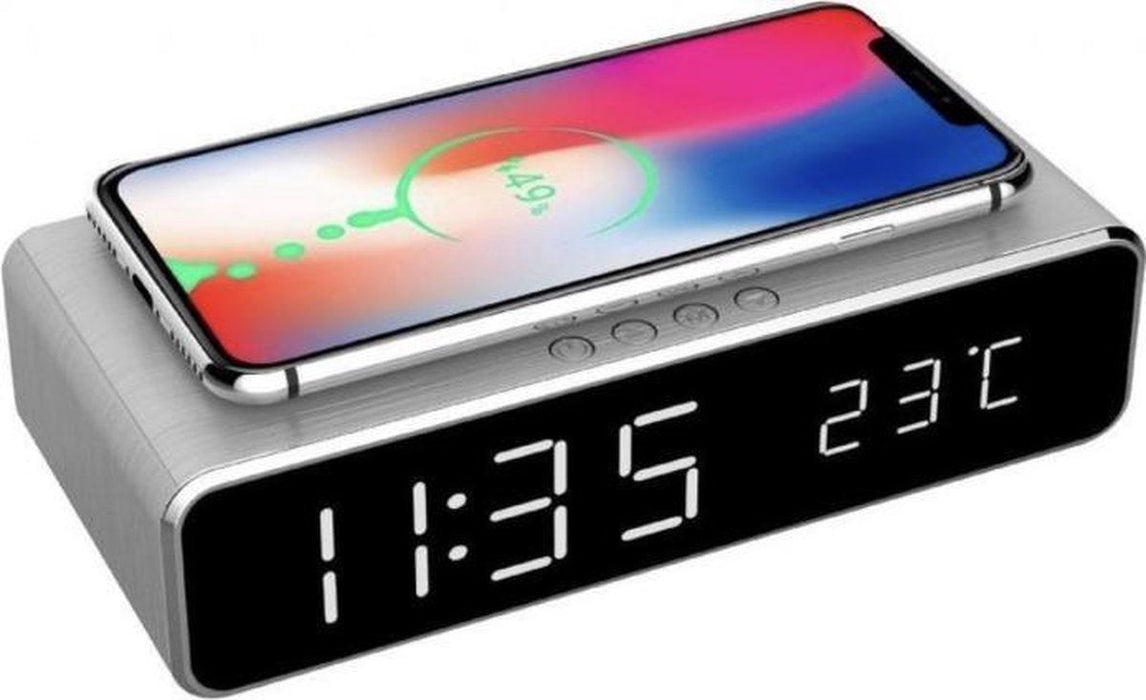 Digitale wekker Met Draadloze Oplader Qi charger Datum en tijd Zilver