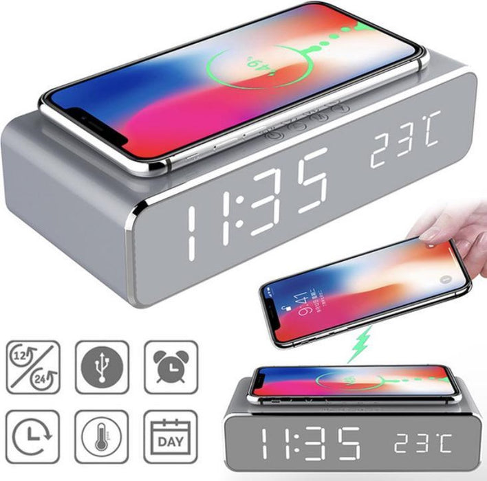 Digitale wekker Met Draadloze Oplader Qi charger Datum en tijd Zilver