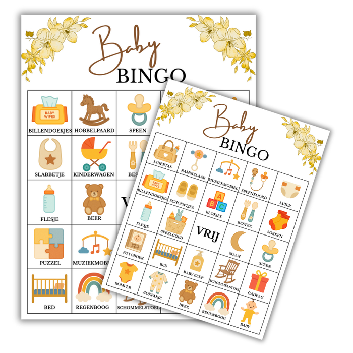 Babyshower Bingo Meisje - Gender neutraal 20 stuks  – Bloemen Thema - Babyshower Spel - Geel | Digitale Download (PDF)